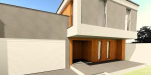 Visualización 3D de la fachada de una casa moderna