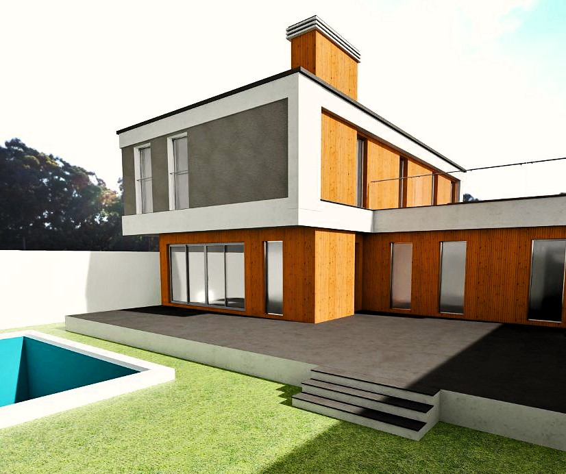 Infografía 3D de la fachada de una vivienda unifamiliar moderna, destacando su diseño contemporáneo y detalles arquitectónicos