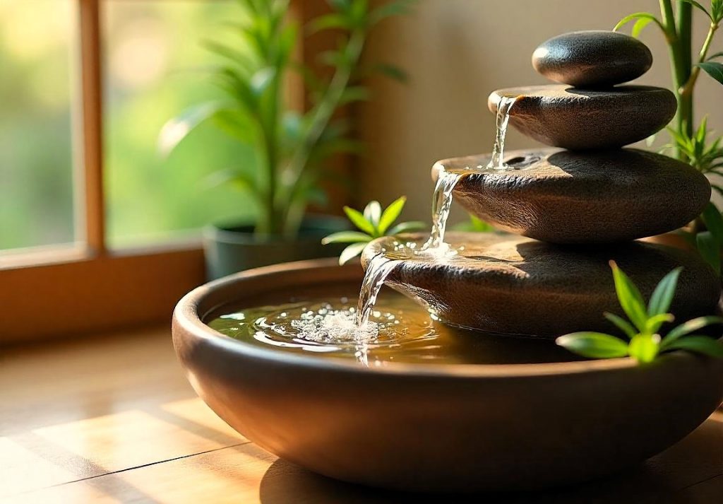 Detalle de fuente interior con agua y decoración natural