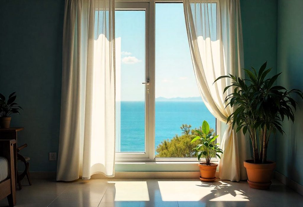 Espacio aireado con ventana abierta y cortinas ondeando suavemente