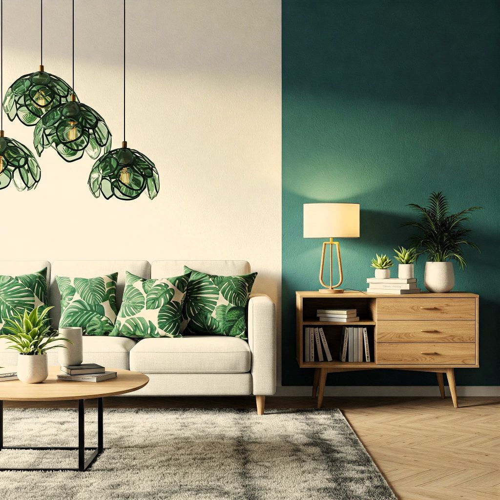 Decoración biofílica con cojines de hojas y lámpara orgánica
