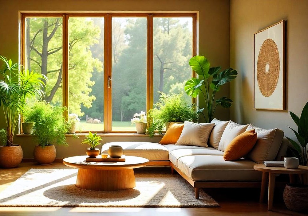 Interior luminoso con muchas plantas y conexión visual directa con la naturaleza exterior