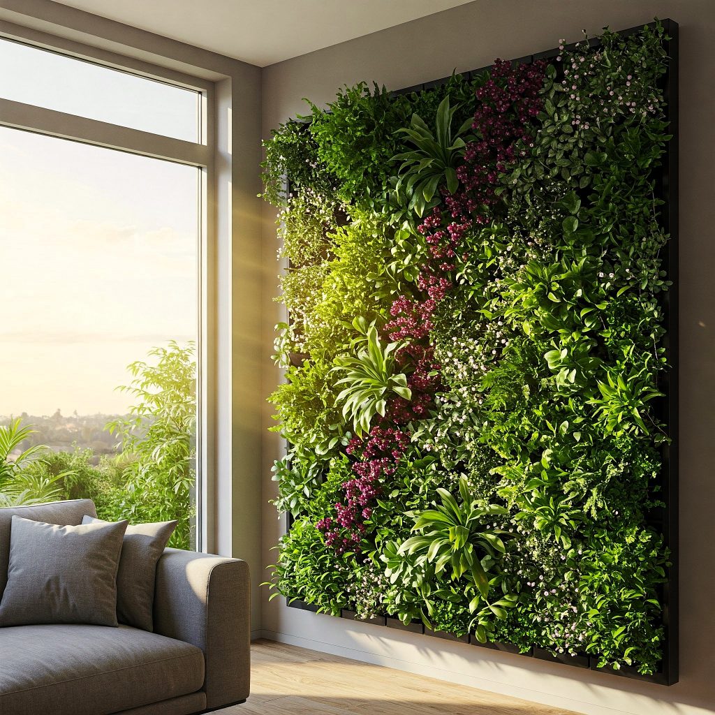 Un jardín vertical exuberante y diverso adorna la pared de esquina de un salón moderno, junto a una gran ventana que ofrece vistas al exterior. La composición de plantas incluye helechos, plantas colgantes y otras variedades de hojas verdes, creando una textura rica y un ambiente natural en el interior.