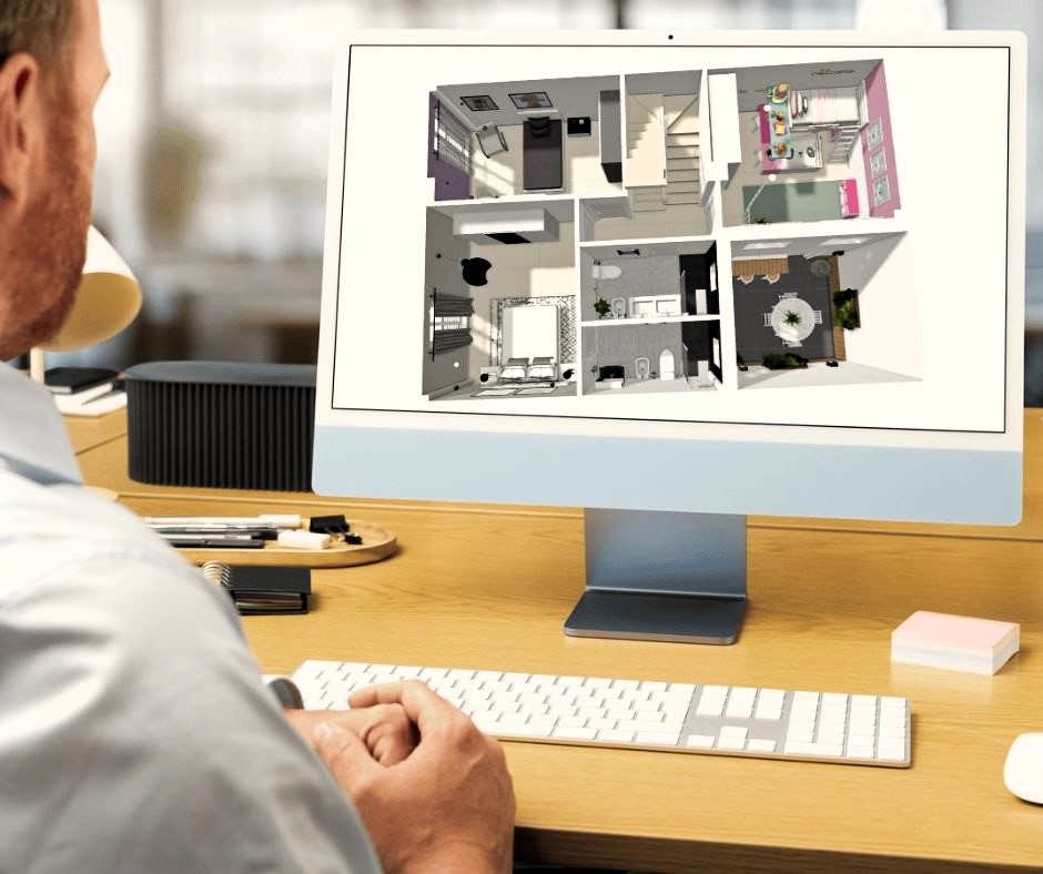 Infografía 3D de un diseñador trabajando en el plano 3D, identificando y resolviendo problemas de diseño en la fase de planificación