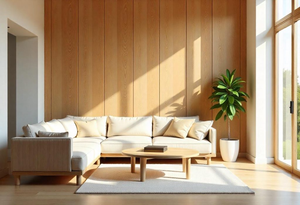 Salón cálido con pared de madera y mobiliario de madera natural