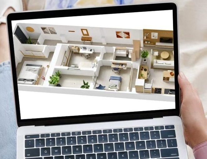 Persona revisando un plano en 3D en una tablet, explorando opciones de diseño para su hogar