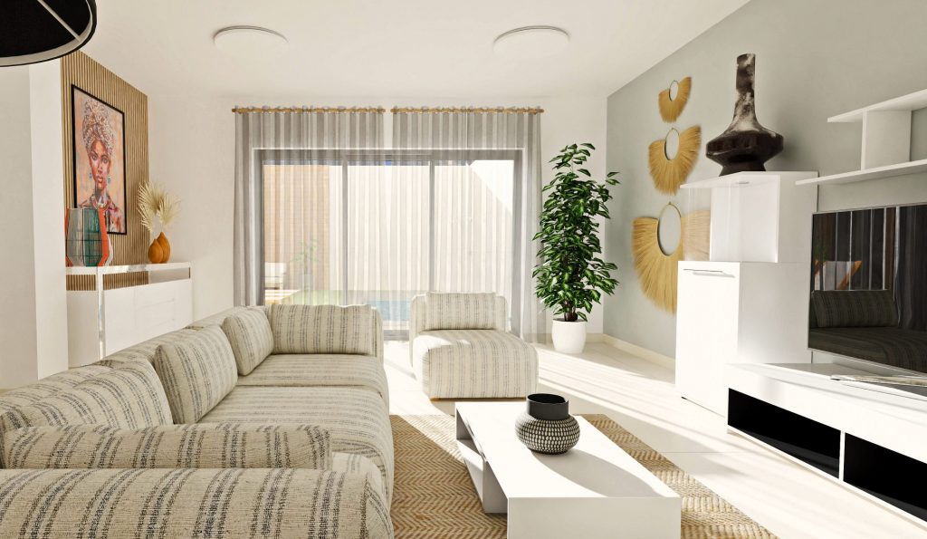 nfografía 3D de un salón con paredes blancas y gris claro, alfombra beige, y ventanales que maximizan la luz natural, resaltando elementos decorativos étnicos