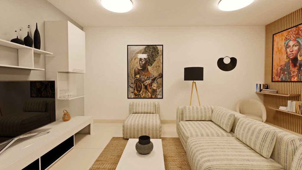 Infografía 3D de un salón moderno-étnico con paredes blancas, alistonados de madera, mueble minimalista blanco y de vidrio, sofás grises y blancos, y elementos decorativos étnicos