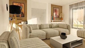 Infografía 3D de un salón moderno con paredes blancas, alistonados de madera, aparador de aluminio blanco, perfiles de espejo y elementos decorativos étnicos. Incluye una biblioteca minimalista y una puerta corredera de cristal opaco.