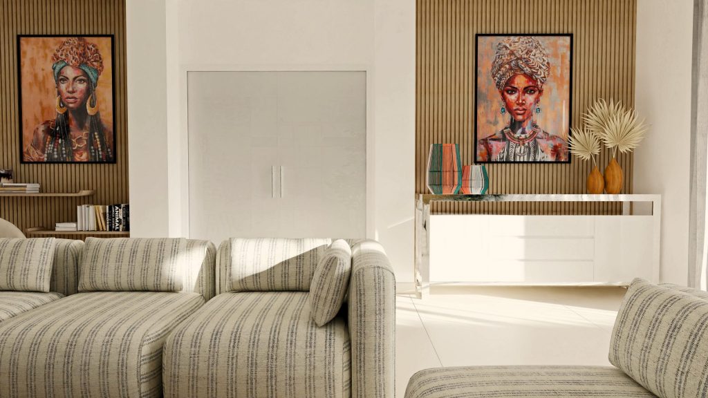 Infografía 3D de un salón que fusiona mobiliario moderno blanco y minimalista con alistonados de madera y elementos decorativos étnicos