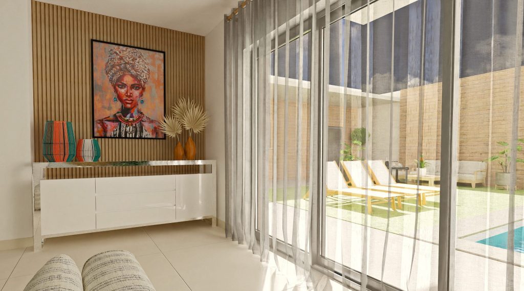 Infografía 3D de un salón con pared de alistonado de madera, aparador étnico y ventanal a patio con piscina, vegetación y luz natural