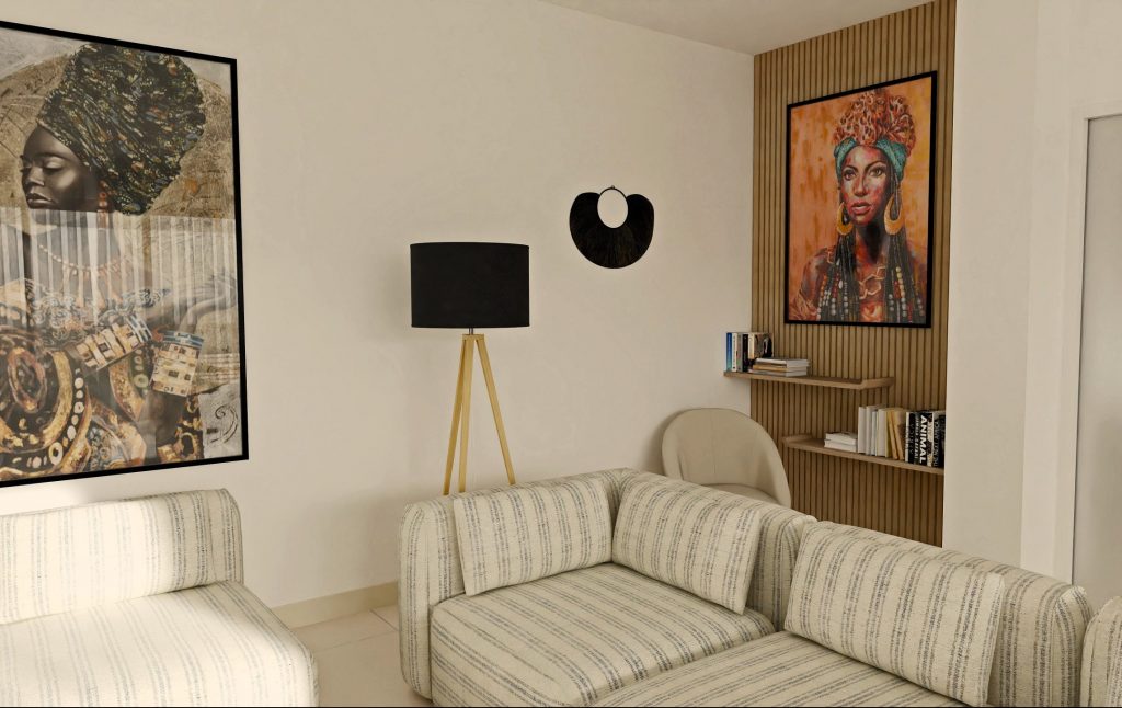 Imagen 3D de un espacio de lectura acogedor, destacando un cuadro étnico, una butaca confortable y la iluminación cálida