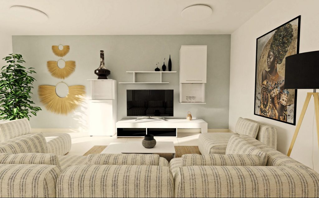Detalles de decoración étnica y personal en un render 3D de salón minimalista, destacando cuadros y elementos decorativos