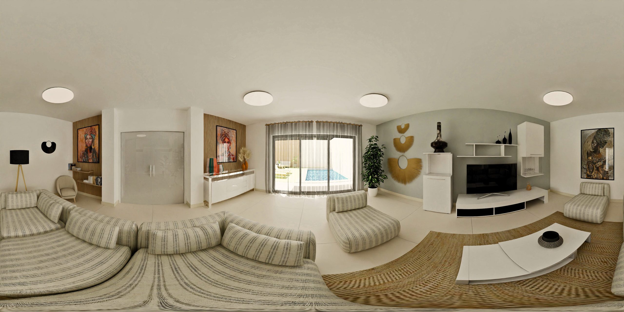 Salón reformado con diseño moderno, iluminación cálida y mobiliario contemporáneo, visible en un recorrido virtual 360 grados