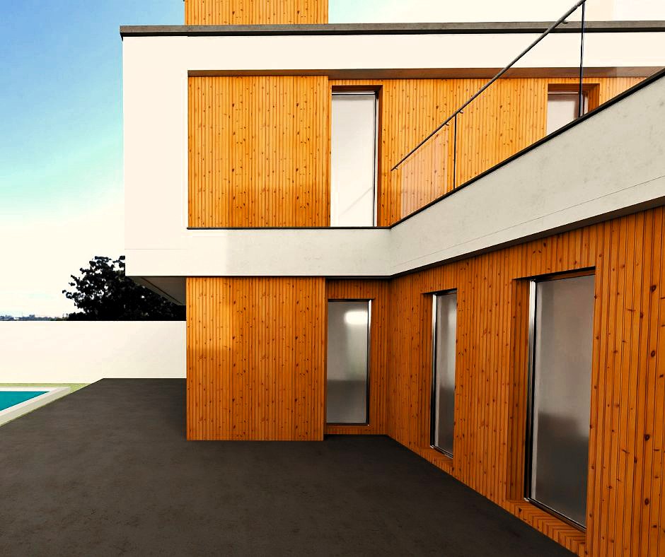 Render 3D de la fachada de una vivienda unifamiliar moderna, destacando su diseño contemporáneo y detalles arquitectónicos