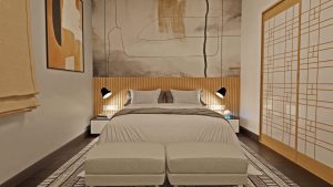 Render 3D fotorrealista de un dormitorio principal con diseño elegante, iluminación cuidada y acabados de alta calidad, creado por J Capmany Profesional 3D.