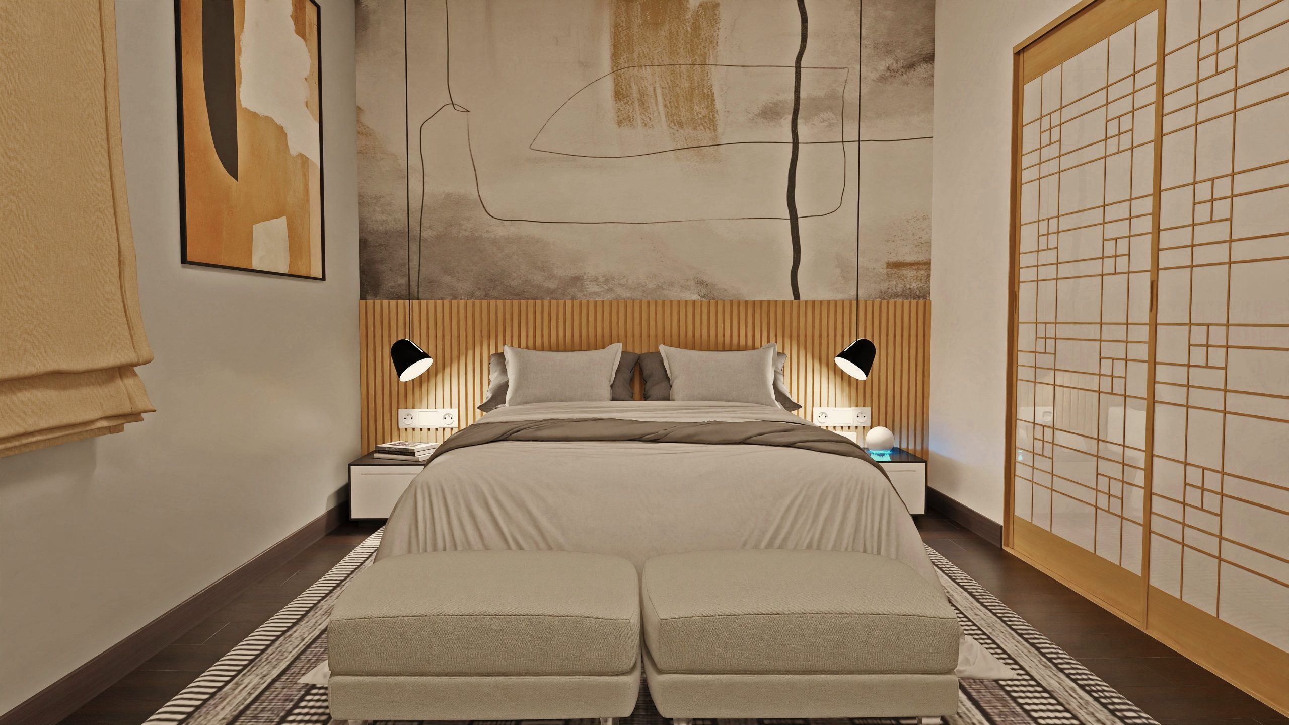 Render 3D fotorrealista de un dormitorio principal con diseño elegante, iluminación cuidada y acabados de alta calidad, creado por J Capmany Profesional 3D.