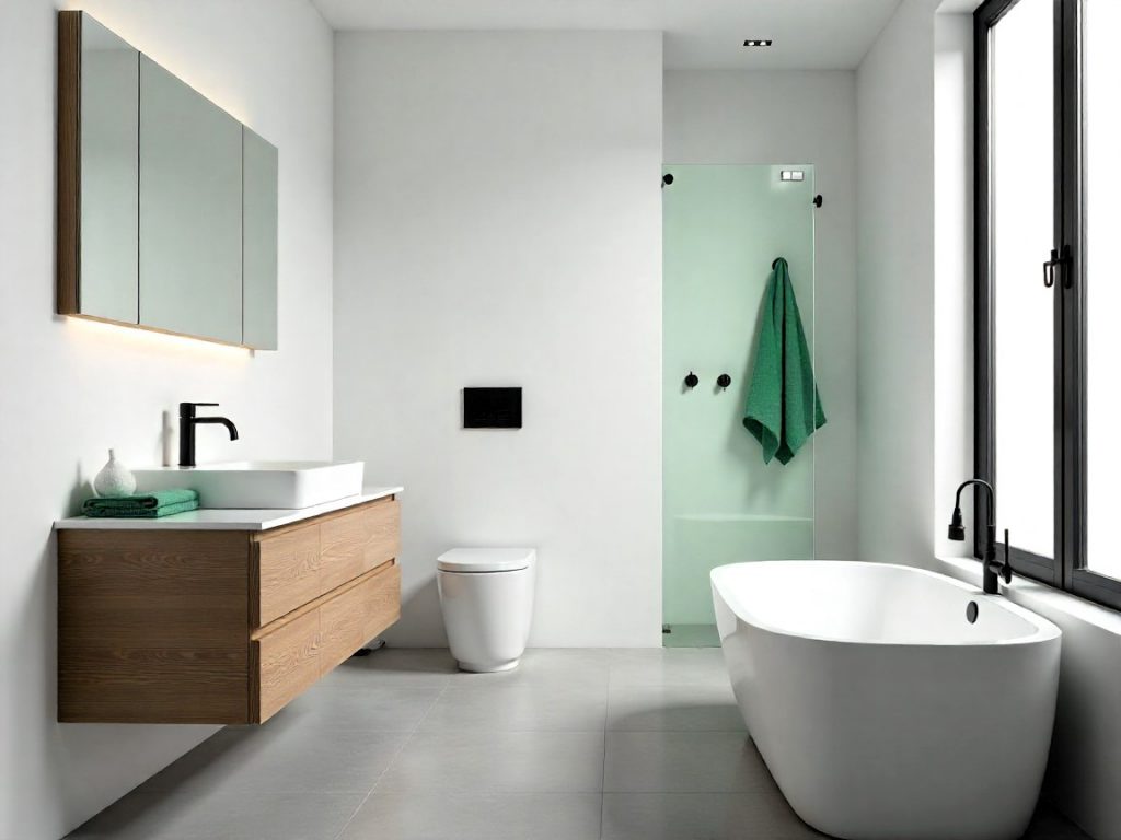 Diseño de baño moderno en tonos blancos con madera clara y detalles verdes y turquesa, ejemplo de paleta armónica para interiores.