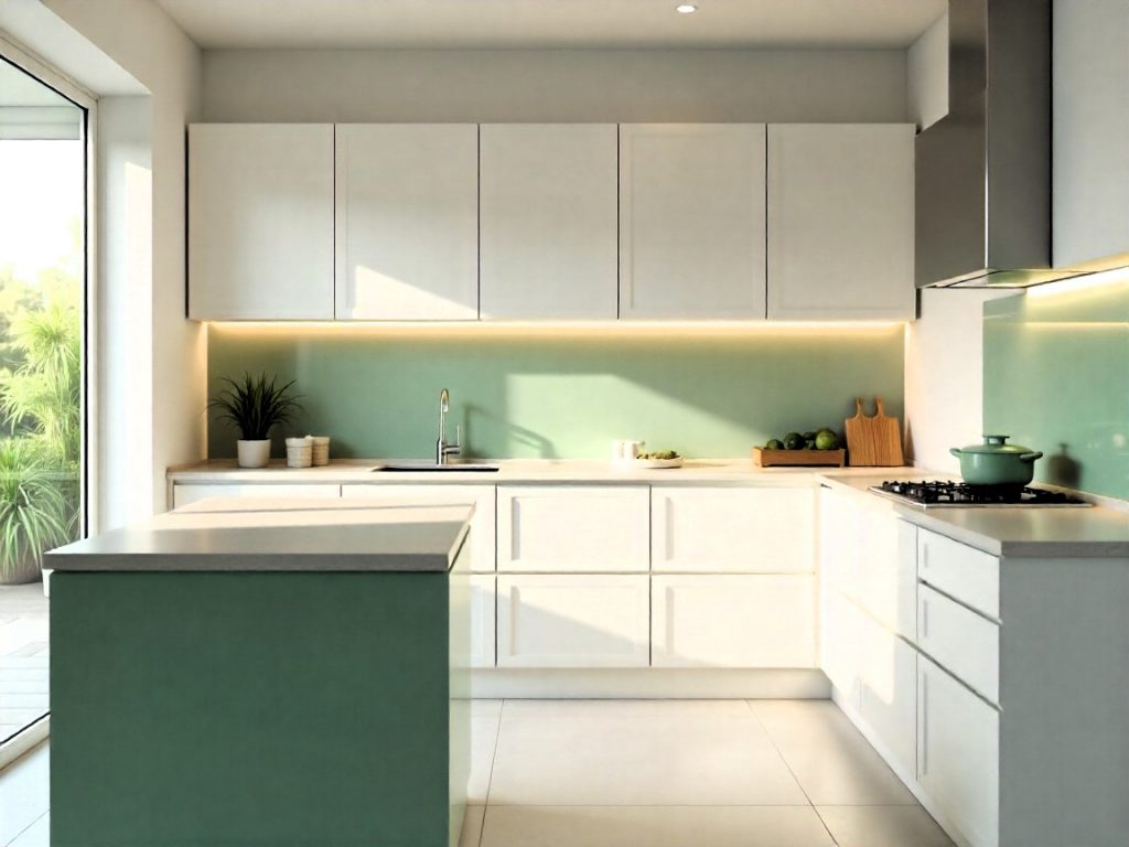 Cocina moderna en blanco y madera clara con detalles en verde y turquesa, ejemplo de paleta de colores unificada para el hogar