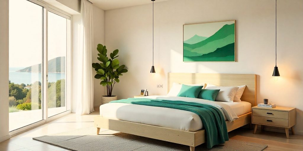 Render 3D de un dormitorio principal luminoso y minimalista con paredes blancas, mobiliario de madera clara y detalles decorativos en verde turquesa.