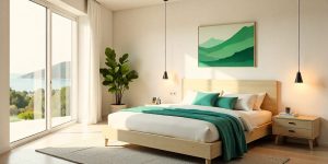 Render 3D de un dormitorio principal luminoso y minimalista con paredes blancas, mobiliario de madera clara y detalles decorativos en verde turquesa.