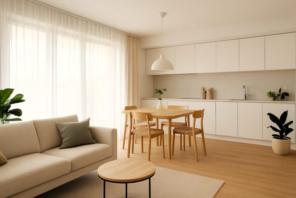 Cocina, comedor y salón pequeño con grandes ventanales, cortinas ligeras y plantas naturales en un diseño minimalista