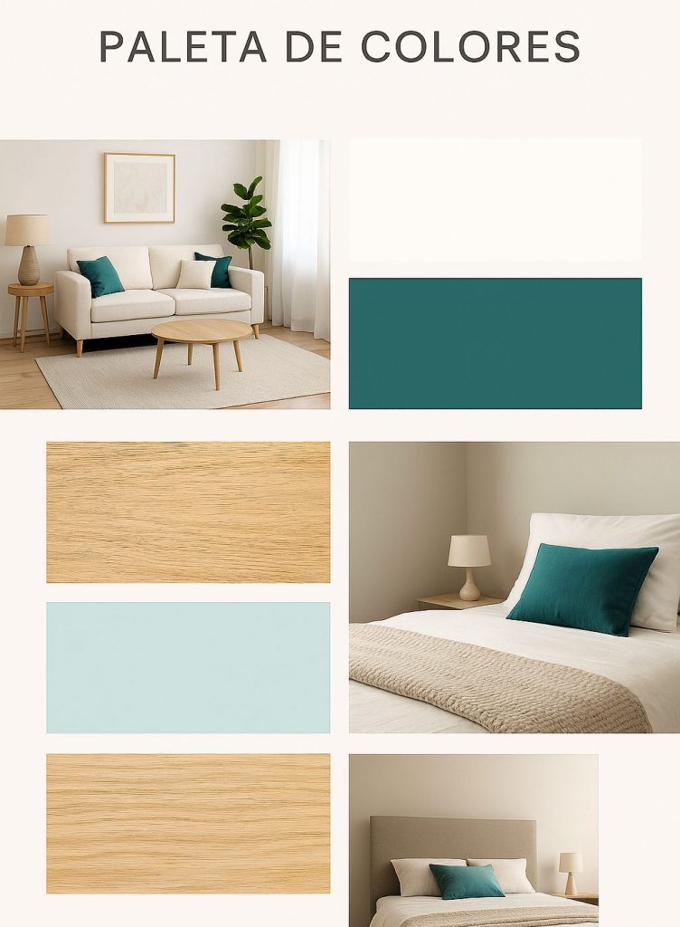 Moodboard de interiorismo con colores blanco, madera clara, verde y turquesa para inspiración de diseño de interiores