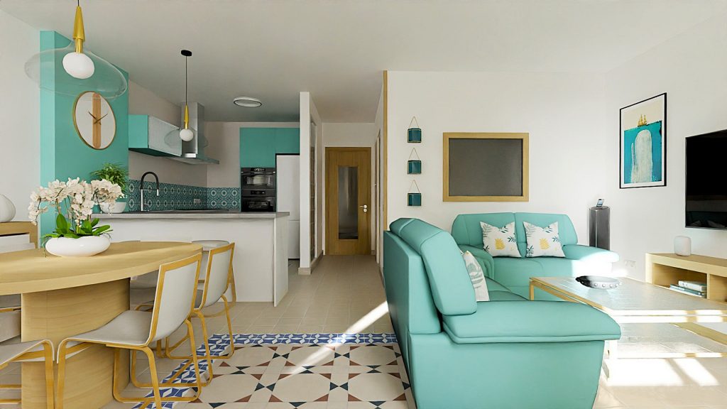 Render 3D realista de un espacio abierto con salón, cocina, comedor y pasillo, decorado en blanco, madera clara, verde, turquesa y baldosas geométricas azules