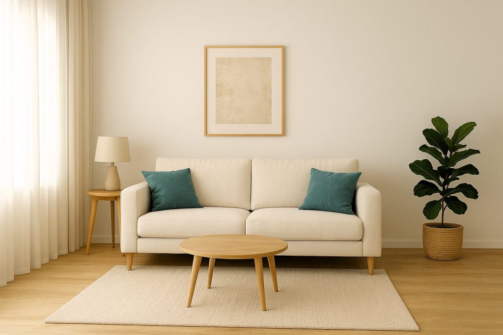 Vista del salón con decoración en blanco, madera clara y detalles en verde y turquesa, ejemplo de paleta de colores coherente.