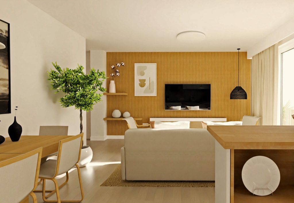 Render 3D de un espacio abierto con cocina, salón y comedor donde se combinan materiales naturales como madera clara y detalles metálicos en negro, creando un ambiente cálido y moderno