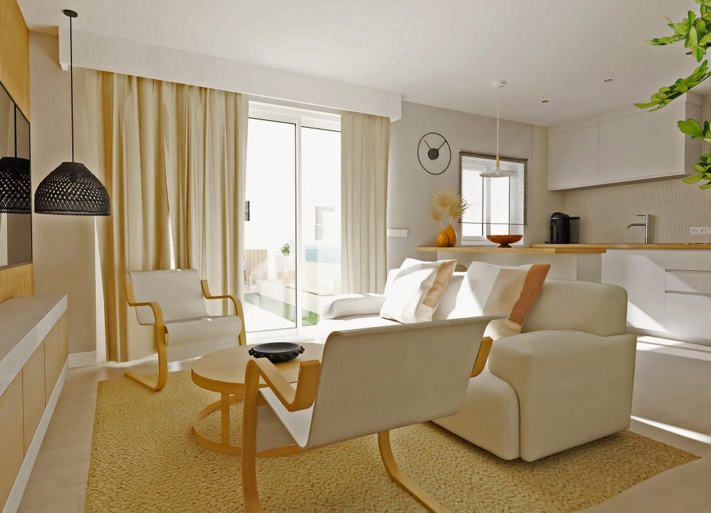 Render 3D de un espacio abierto con cocina, salón y comedor donde se aprecia abundante luz natural procedente de grandes ventanales y una iluminación por zonas con lámparas colgantes, focos empotrados y luz ambiental cálida