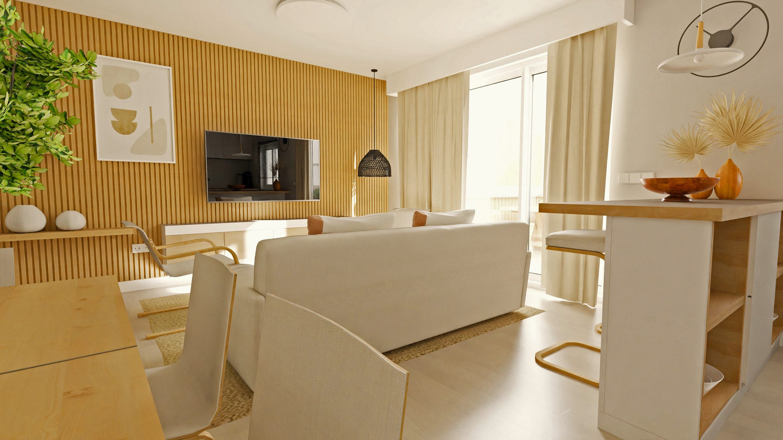 Vista panorámica de un espacio abierto moderno que integra cocina, salón y comedor con paleta neutra, madera clara y detalles decorativos en negro, iluminado por luz natural.