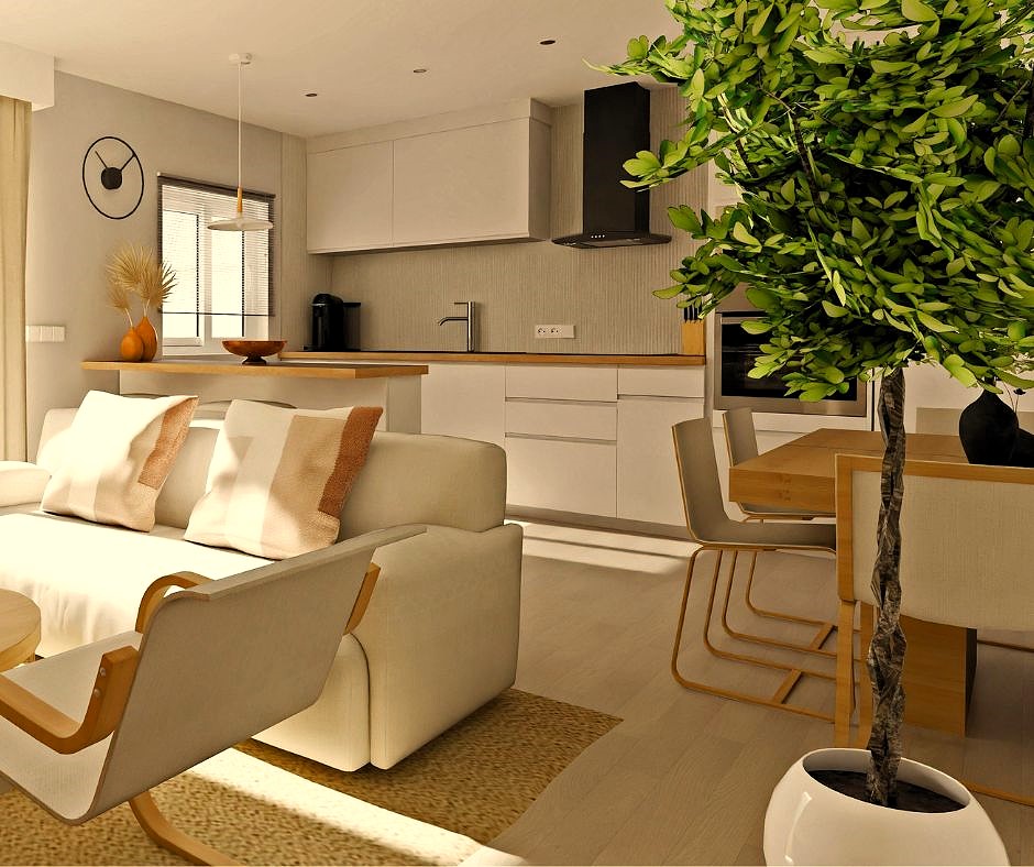 nfografía 3D de un espacio abierto moderno que integra cocina, salón y comedor con una paleta de colores neutros, acabados en madera clara y detalles decorativos en negro.