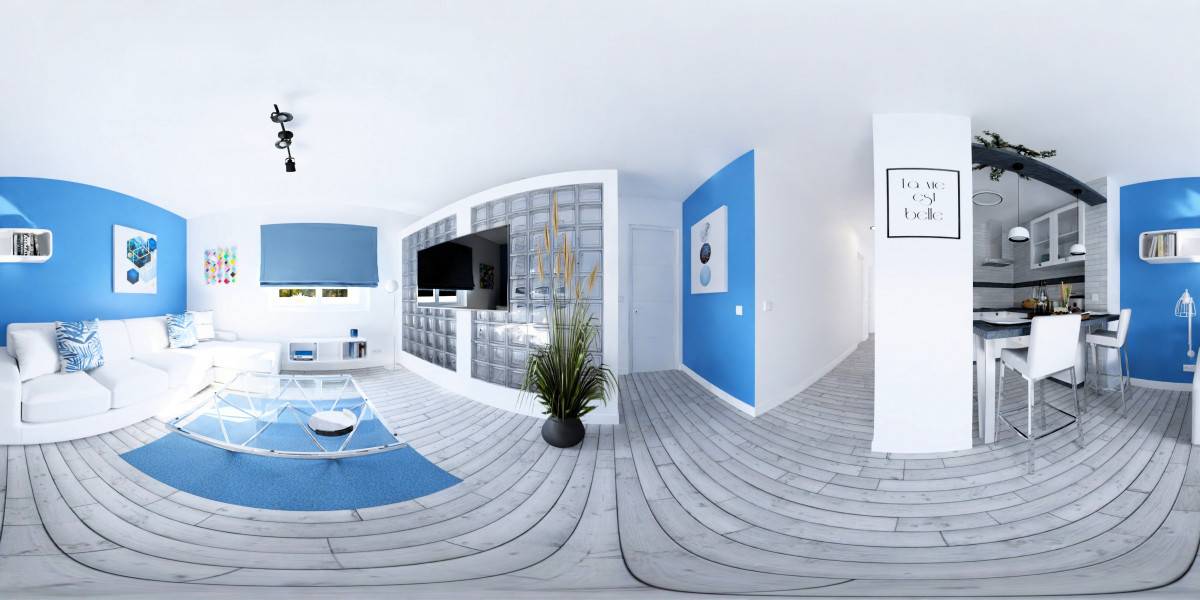 Infografía 360º de la entrada a un moderno piso con concepto abierto.